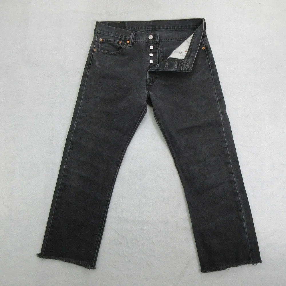 Levis 501 Mens 33x26 Black Jeans Button Fly Raw Hem Cropped